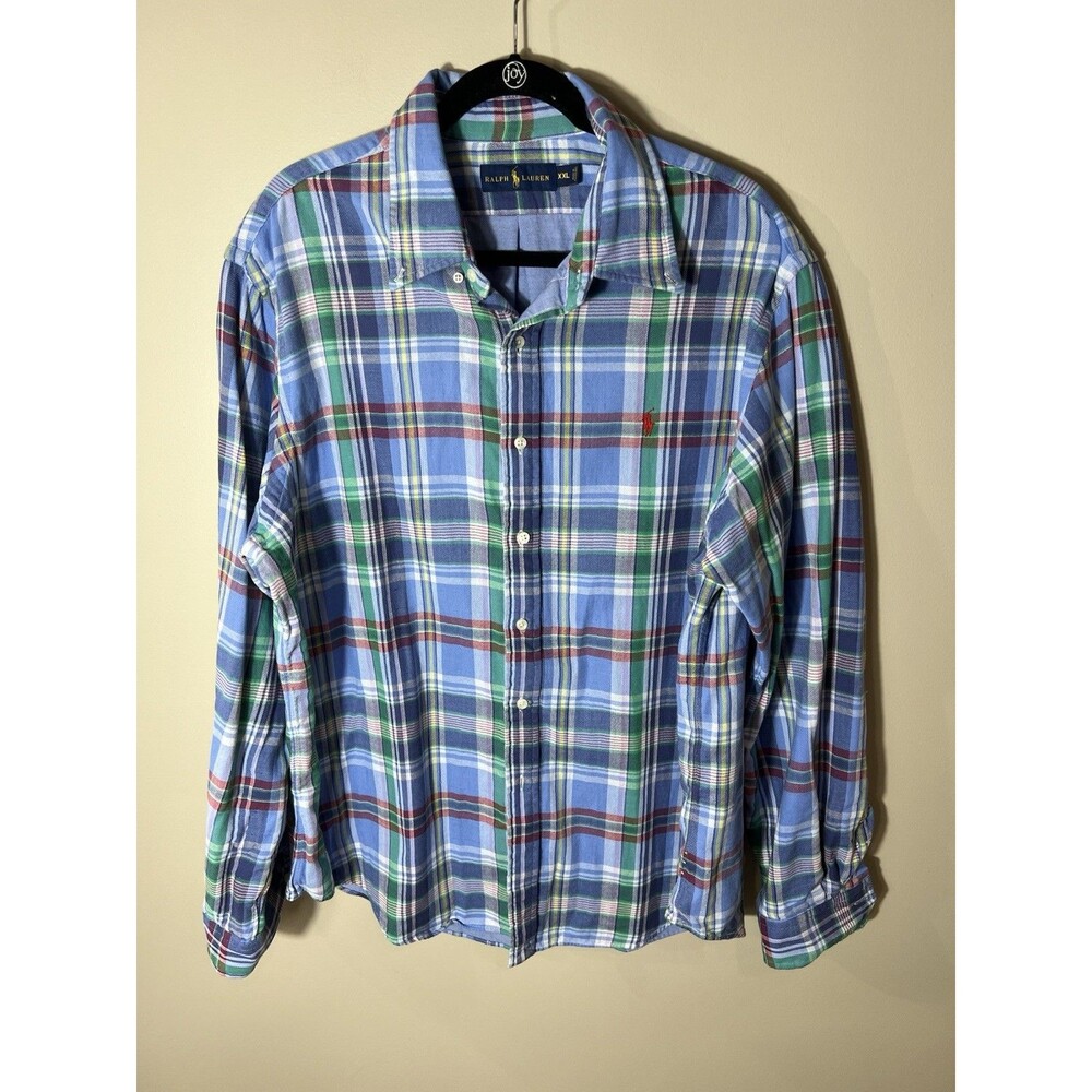 Ralph Lauren Button Down Flannel Shirt Mens XXL Blue Plaid Double Layer